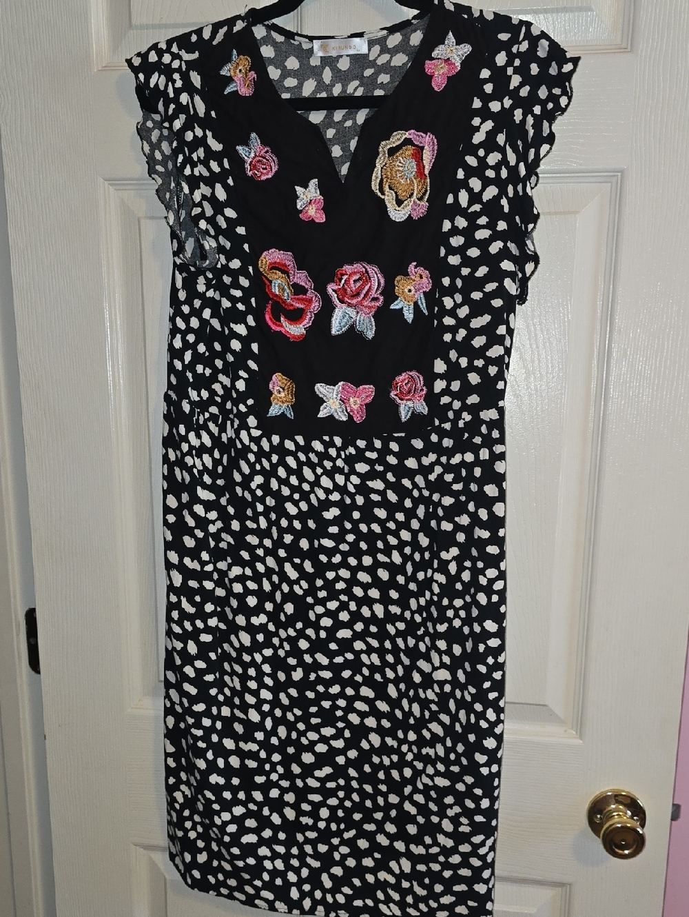 Black Midi Dress with White Spot Print‎ and Pink Floral Embroidery